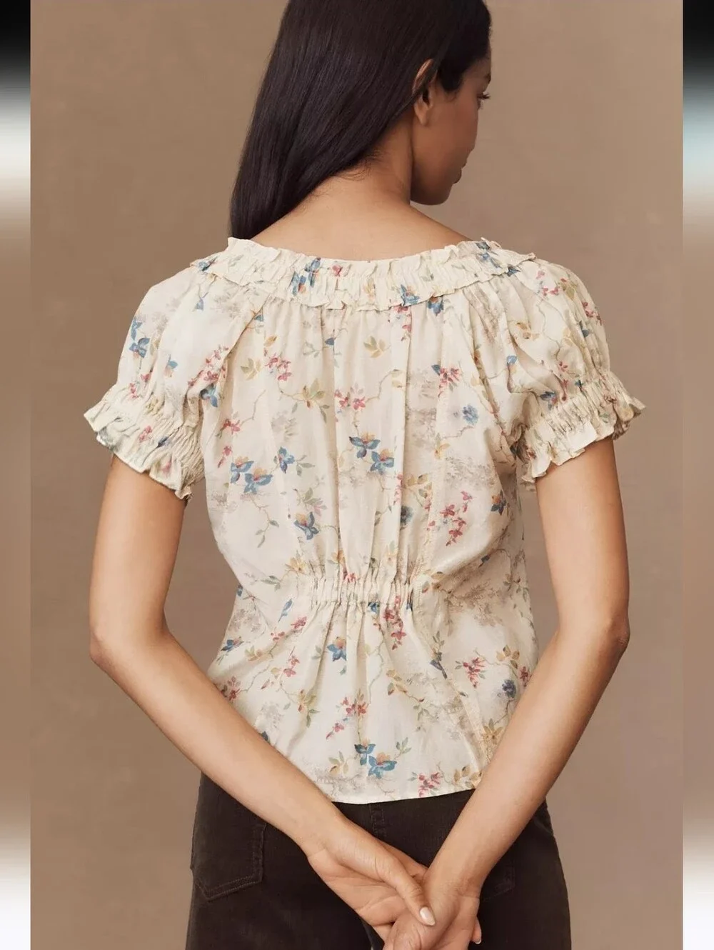 ANTHROPOLOGIE Pilcro Puff Sleeve Pintuck Cream Floral Peasant Top XS NWT